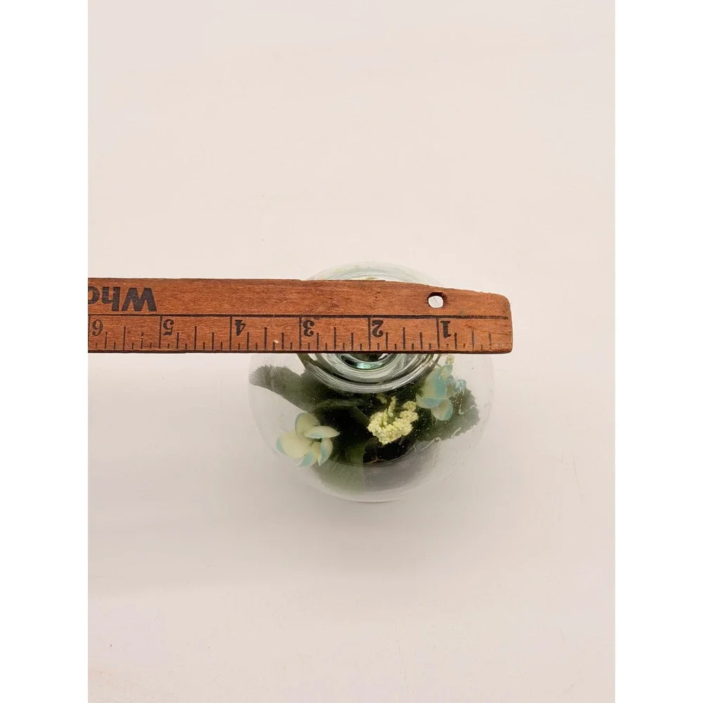 Vintage Glass Globe Terrarium Candle Holder Faux Floral Blue White Flowers 4.5in